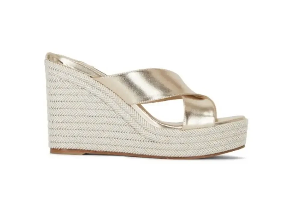 Jimmy Choo Dovina Gold Espadrille Wedge Sandals 37 EU